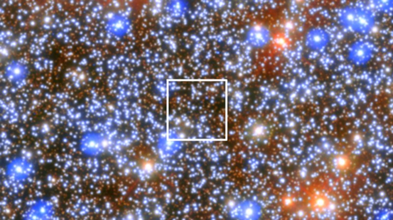 Thousands of multicolored points of light fill an image of a star cluster